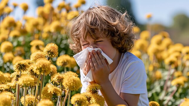 child sneezing into tissue in blooming meadow with spring flowers and sunny outdoor atmosphere