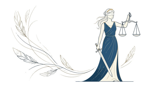 Illustration of a woman in a blue dress holding a sword and scales of justice