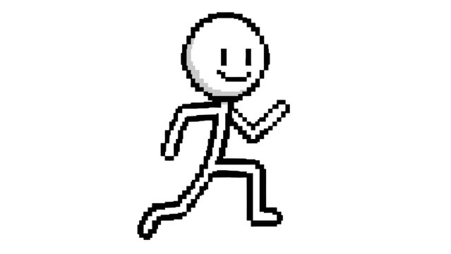 Pixel art stick figure person running with an energetic and dynamic pose, in a retro 8-bit style on an isolated white background.
