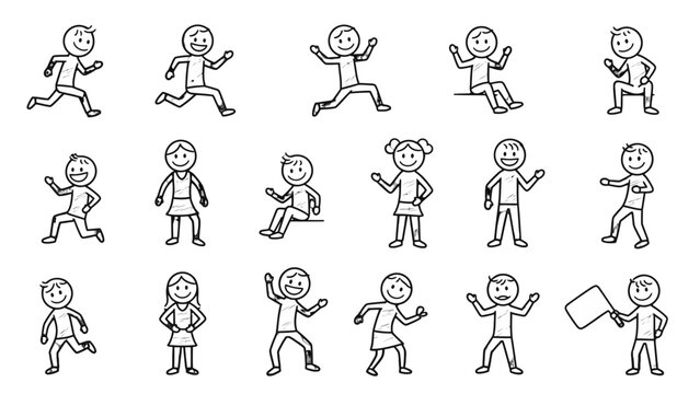 Large set of diverse stick figures depicting various actions and poses, including running and holding a sign, on an isolated white background.
