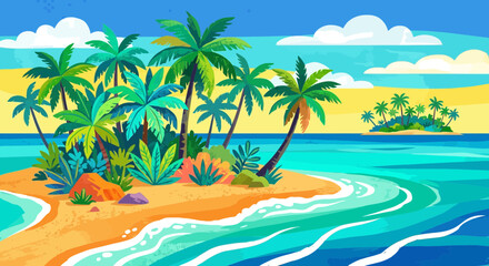 Obraz premium Tropical Island Paradise with Palm Trees and Ocean Waves