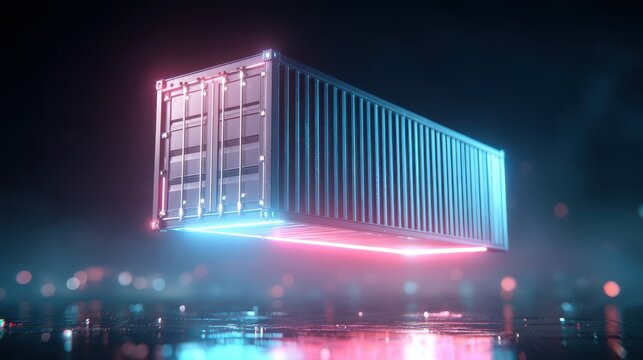 Stunning photo of Futuristic cargo shipping container with neon lights floating over a dark surface.