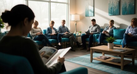 Fototapeta premium Diverse Group of People Waiting Patiently In A Modern Waiting Room