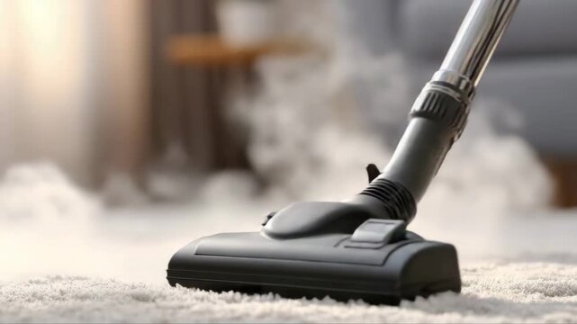 Vacuum cleaner nozzle emits steam while cleaning carpet in a well-lit living room, showcasing the effectiveness of steam cleaning on dirt and stains