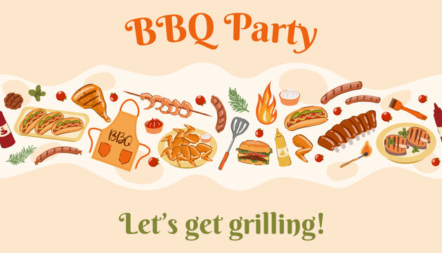 This vector BBQ party banner with Let's get grilling text and food border is ideal for summer backyard cookout invitations, restaurant flyers, and culinary celebration ads.