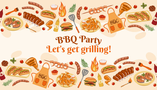 This vector BBQ party invitation banner with text and grilling food elements is designed for summer cookout announcements, menus, and festive culinary advertisements. Barbecue infinity frame, poster.
