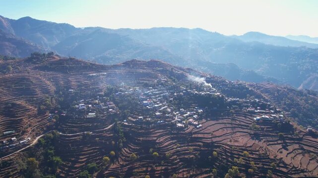 Remote Village of Pauri Garhwal Uttarakhand india. Top View 