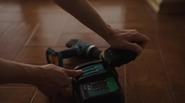 Person prepares cordless power drill for work. Hands place battery into charger on wooden floor. Man readies tool for DIY home improvement, renovation repair project. Getting ready for construction.