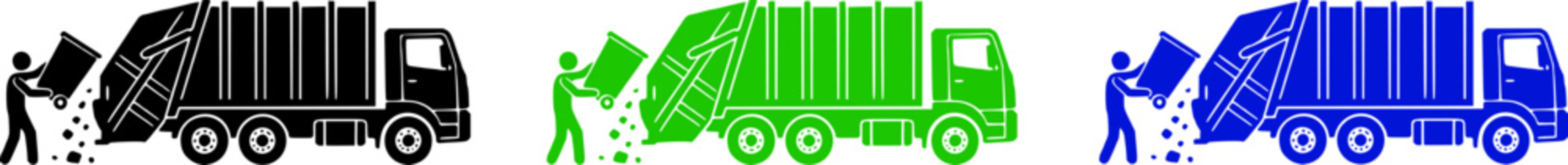 Colorful illustration of garbage trucks and sanitation workers in black, green, and blue, depicting waste management and recycling process.