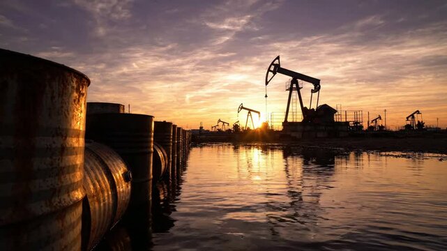 Oil pumpjacks working at sunset with industrial barrels in foreground, petroleum extraction industry concept