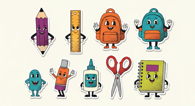 A fun and colorful collection of nine back-to-school supply characters designed as cute retro stickers with die-cut borders.