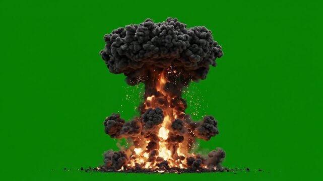 Massive mushroom cloud explosion with fire and smoke isolated on green screen for vfx compositing nuclear