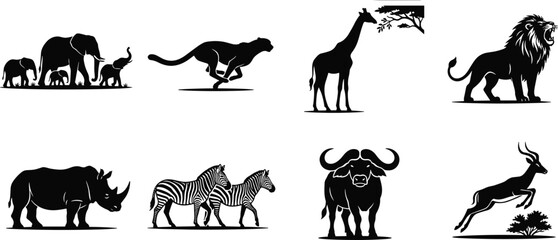African safari wildlife silhouette collection featuring elephant family running cheetah giraffe roaring lion rhinoceros zebras buffalo and leaping gazelle © SONET