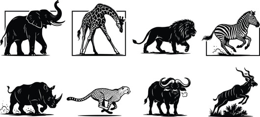 African safari wildlife vector silhouette icon set featuring trumpeting elephant giraffe walking lion running zebra cheetah and rhino © SONET
