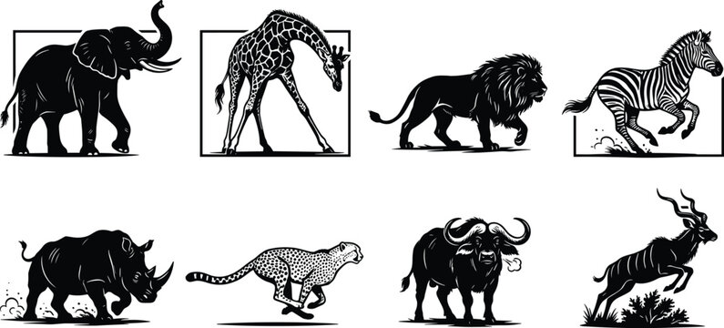 African safari wildlife vector silhouette icon set featuring trumpeting elephant giraffe walking lion running zebra cheetah and rhino