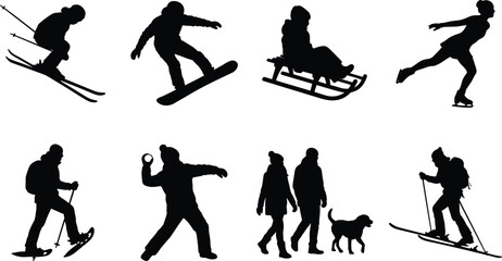 Camping and outdoor adventure vector silhouette icon set featuring pitched tent campfire backpacker camper van hiking and kayaking © SONET