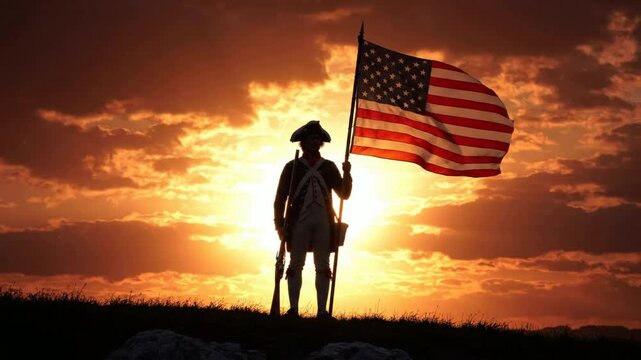 American revolutionary war soldier holding us flag at sunset, patriotic historical reenactment, independence day concept