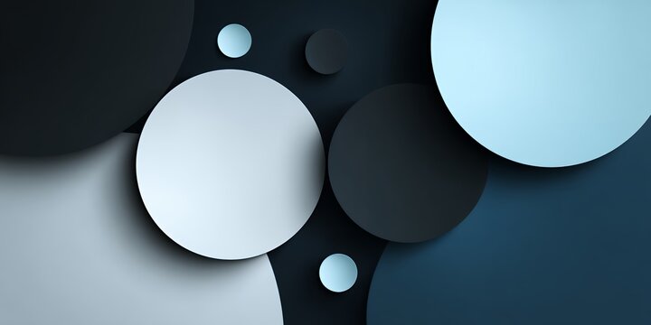 Elegant 3d paper cut style background with overlapping monochrome and blue circles creating depth and soft shadows for clean layouts