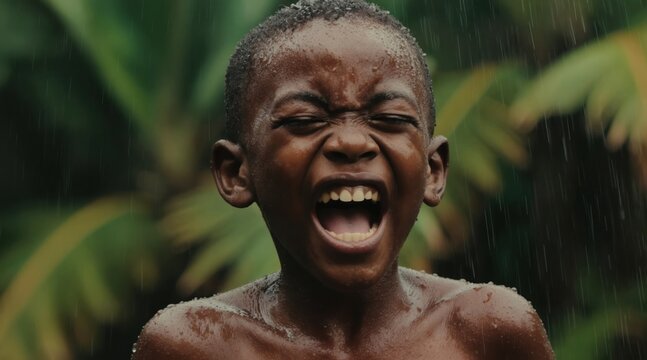 Young african boy shouts with joy in tropical rain shower. Barechested kid laughs heartily, gets wet under falling water drops. Childhood fun, wet nature, happy outdoor play.