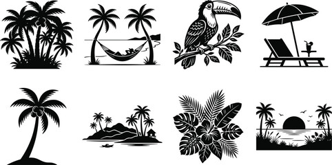Tropical island and beach vacation vector silhouette icon set featuring palm trees toucan hammock deck chair and ocean sunset © SONET
