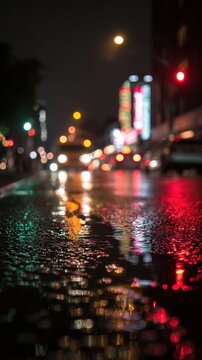 Stunning photo of Wet city street at night with blurry bokeh lights reflecting on rain-soaked asphalt