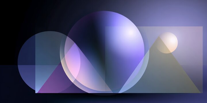 Glassmorphism geometric background with transparent overlapping circles and triangles in vibrant neon purple gradients for modern web