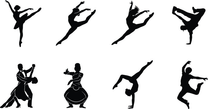 Silhouette collection of dancers featuring ballet poses contemporary jumps breakdancing ballroom couple traditional indian dance and gymnastics handstand