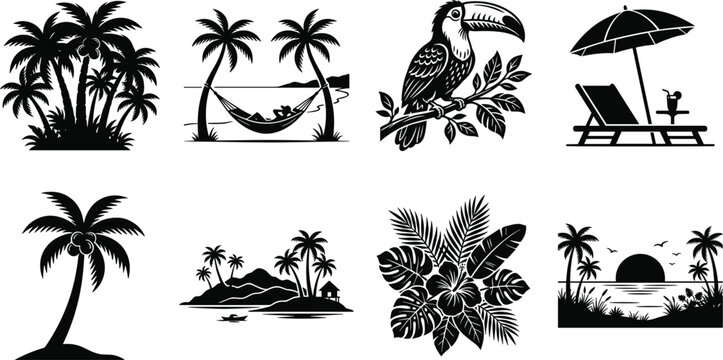 Tropical island and beach vacation vector silhouette icon set featuring palm trees toucan hammock deck chair and ocean sunset