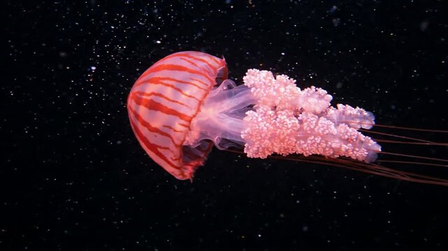 Vibrant japanese sea nettle jellyfish swimming in deep dark ocean waters chrysaora pacifica marine life