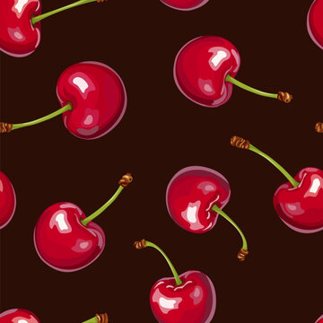 Vector glossy red cherries seamless pattern on black background. Design for summer print, wallpapers or wrapping paper