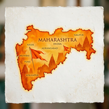 Map of maharashtra state in india with traditional saffron flag and temples