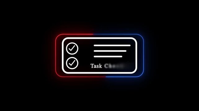 Neon Checklist Interface Animation, Task Management UI Panel with Check Marks, To Do List Completion Concept, Glowing Dashboard Motion Graphic Black Background.