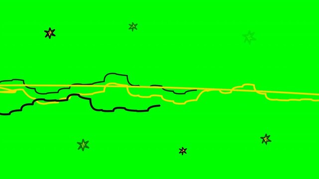 Dynamic motion video with colorful abstract lines and star-like shapes on vibrant green background.