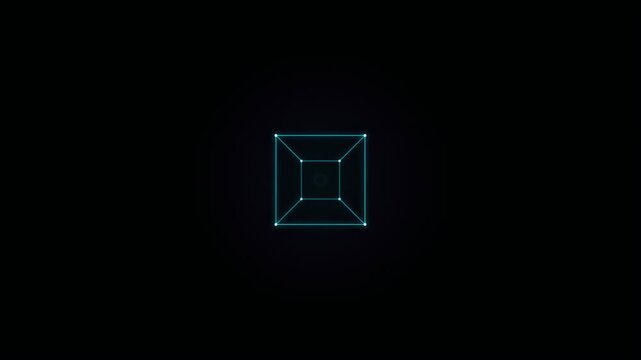 A glowing blue cube appears in the dark space.