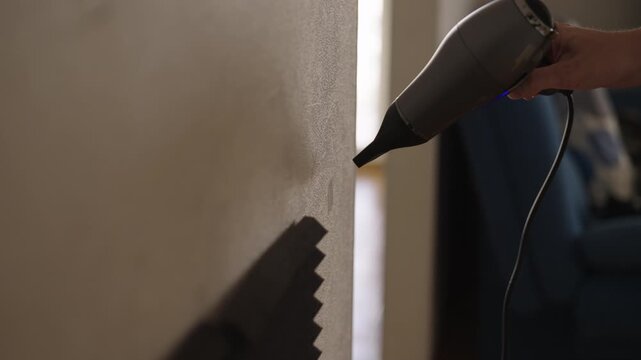 Man using hairdryer to heat and peel off large adhesive sticker or soundproofing panel from wall. DIY home improvement and repair technique showing removal of vinyl decal with hot air, close-up.