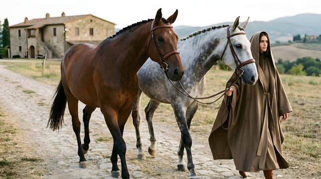 Woman in a hooded cloak leading two horses down a rustic cobblestone path.