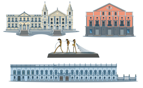 Tourist attractions in the city of S&atilde;o Lu&iacute;s, capital of the state of Maranh&atilde;o, in Brazil,this set contains a famous monument, the seat of government, a Catholic church and a theater