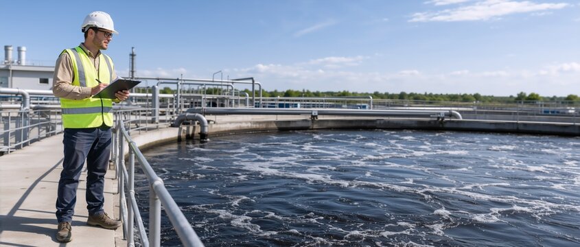 Environmental engineer inspecting a wastewater treatment plant. Professional worker with clipboard standing by a large aeration tank. Industrial water purification and management concept