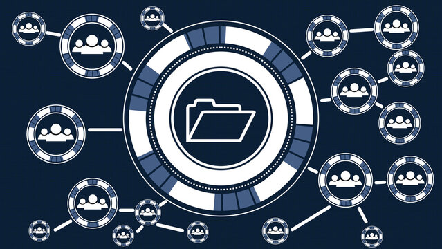 Data management concept with digital file folder icon and network connections in a circular layout for business information technology and file storage systems in a modern flat design style