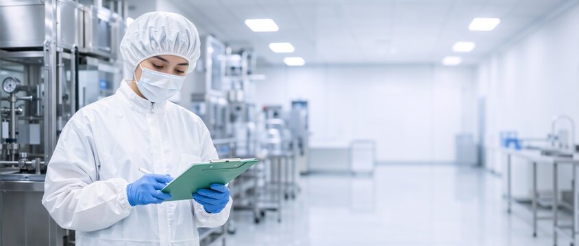 Female scientist in protective suit writing on clipboard in laboratory. Pharmaceutical worker in sterile cleanroom environment. Quality control and research concept