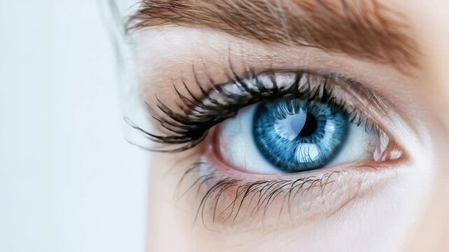 An extreme close-up of a mesmerizing blue eye, showcasing the fine texture of the skin, the individual eyelashes, and the captivating depth of the iris. The eye's vivid color creates a focal point.