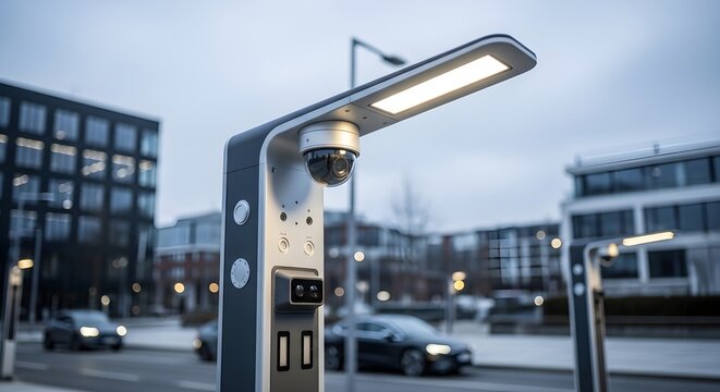 Modern Smart Street Light with Integrated Camera and Charging Ports in Urban Setting