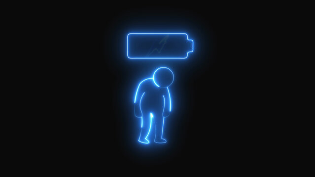 Neon blue glowing illustration of a tired person standing under an empty battery symbol representing low energy exhaustion burnout stress and fatigue on a dark background
