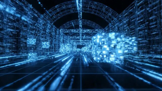 Digital data tunnel abstract background, with glowing blue, cybernetic structures and, high-speed motion blur