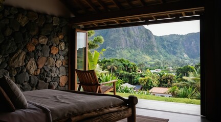 Obraz premium Wooden chair near window overlooks tropical mountains. Bedroom interior offers jungle garden view from resort. Natural stone wall and wooden furniture create calm atmosphere. Relaxing vacation scene.
