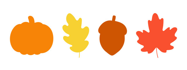Cute autumn color icon set with baby style nature elements in a horizontal row. Sweet flat vector illustration with bright pumpkin and cartoon leaves for kids. © Kidzkamba