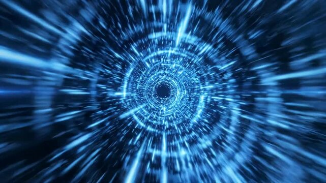 Blue hyperspace warp tunnel abstract background: high-speed light travel through digital wormhole