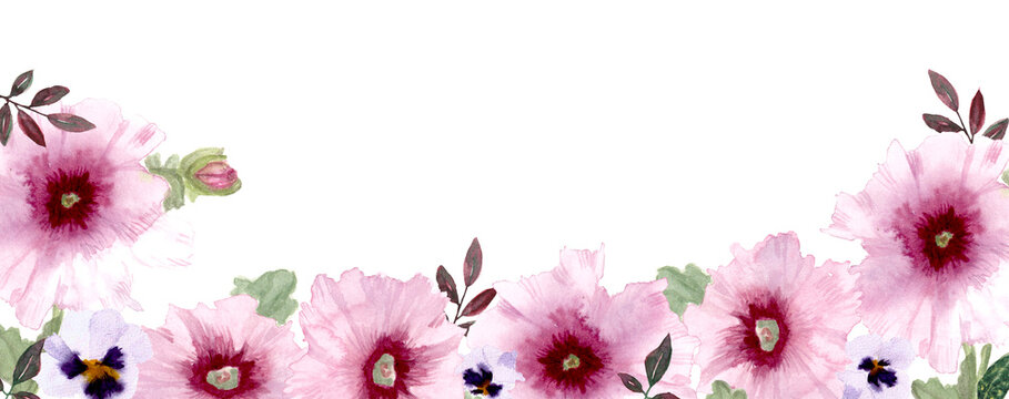 Sfondo con fiori grandi rosa e foglie, illustrazione ad acquerello isolata su sfondo bianco