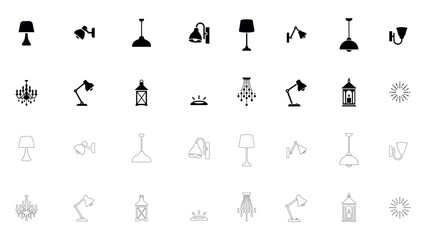 Naklejka premium Light fixture icon set featuring various ceiling lamps wall sconces lanterns chandeliers and interior lighting elements in solid and linear art styles.