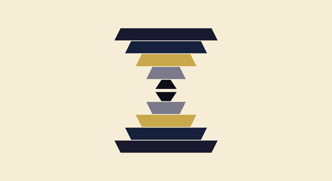 Abstract geometric stacked rectangles in navy gold and light blue on cream background